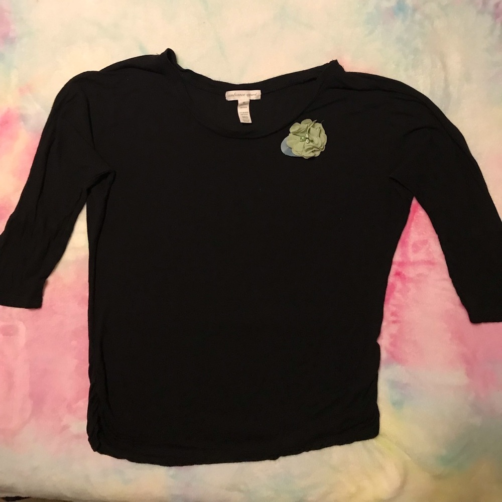Business casual Black half sleeve top with green flower on front 💚